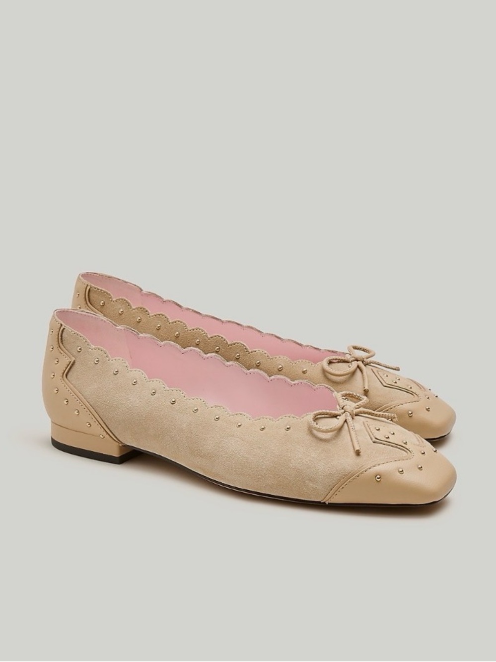 J. Crew Beige Scalloped Ballet Flats with Pink Lining and Bow Accents